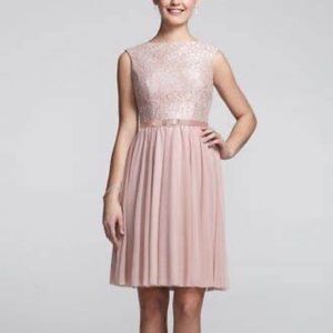 Two pink David’s bridal bridesmaid dresses